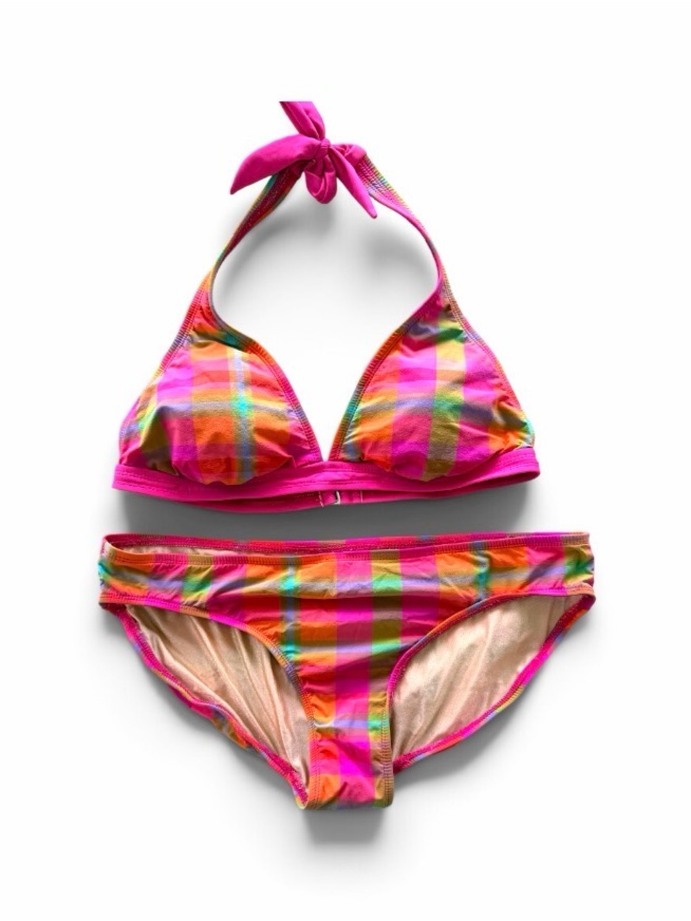 Vintage y2k summer beach Women’s Halter Bikini Set in Bright Pink Plaid